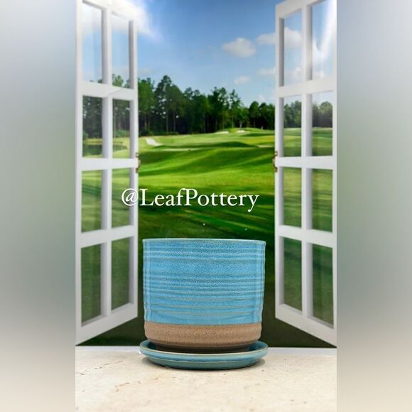 Bluish Blue/Beige Ceramic Planter Pot with Saucer Attached - Picture 5 of 11